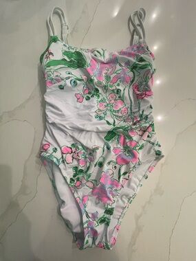 Lilly Pulitzer White One-Piece Swimsuit with Pink & Green Floral Accent